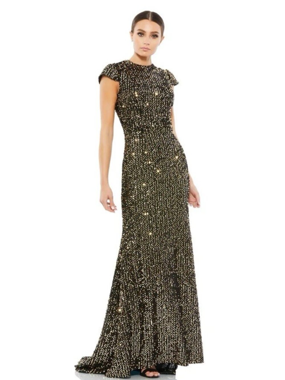 Mac Duggal Black and Gold Sequin Cap Sleeve Maxi Gown